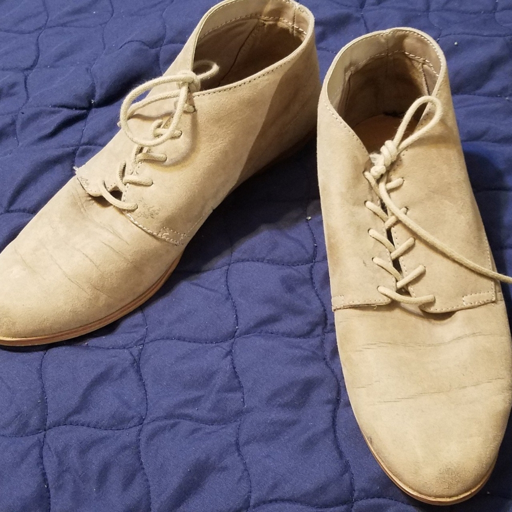 Tan beige suede flat booties